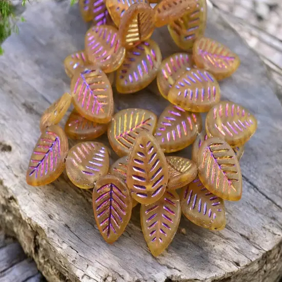 *15* 16x12mm Metallic Volcano Washed Matte Topaz Top Drilled Doogwood Leaf Beads {4}