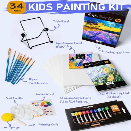 34PCS Art Painting Supplies Kit,12 Colors Acrylic Paint,Table Easel,6 Canvas Panels,10 Brushes {2}