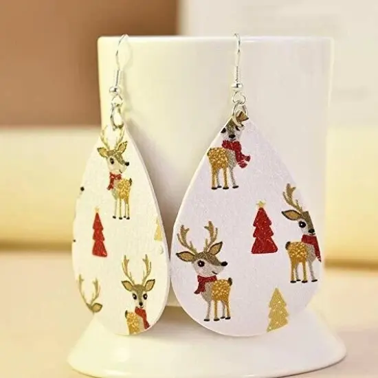 Chic Christmas Tree Elk Teardrop Leather Drop Earrings {5}