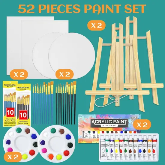 52 Packs for Adults & Kids 4 Canvas 2 Easel 2 Pcs 12 Colors Acrylic Paints 2 Pcs 10 {2}