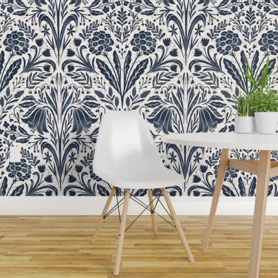 Pre-Pasted Wallpaper 2FT Wide Navy Flowers Cream Blue Botanical Block Print Summer Garden Cottagecore Custom Pre-pasted Wallpaper by Spoonflower {1}