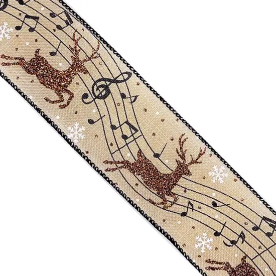 Designer&rsquo;s Shop Christmas Musical Glitter Reindeer wired edge ribbon WR 63-5173 2.5&rdquo; x 10 yards {2}
