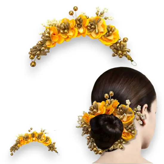 Designer Rose Gajra Traditional Indian Hair Accessory Artificial Flower Jewelry Handmade Veni Tiara for Women Party Wear Bridal Mehndi Hair Bun Classical Dance Jewelry Yellow {1}