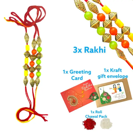 Rakhi for Brother Bhaiya Bhabhi Traditional Handmade Assorted Designer Rakhi Set Roli Chawal, Greeting Card Rakshabandhan Rakhi Bracelet Hemper Gift {6}
