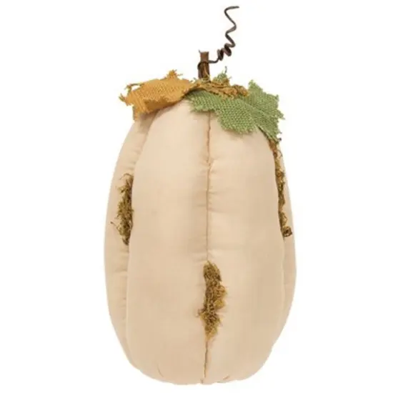 White Fabric Weighted Stuffed Pumpkin with Faux Moss and Burlap Leaves {1}