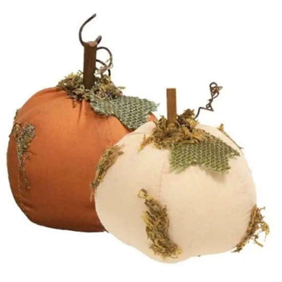 Fabric Mossy Stuffed Pumpkin with Wooden Stem and Burlap Leaves 2 Asstd. {1}