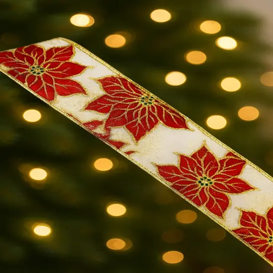 Designer&rsquo;s Shop WR 63-5213 Red Poinsettia on White Wired Edge Ribbon &ndash; 2.5" x 10 Yards &ndash; Christmas Floral Glitter Accent {4}