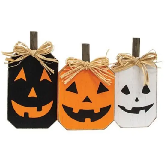 Rustic Jack O Lantern Triple Pumpkin Block Sitter for Halloween Table Decor {1}