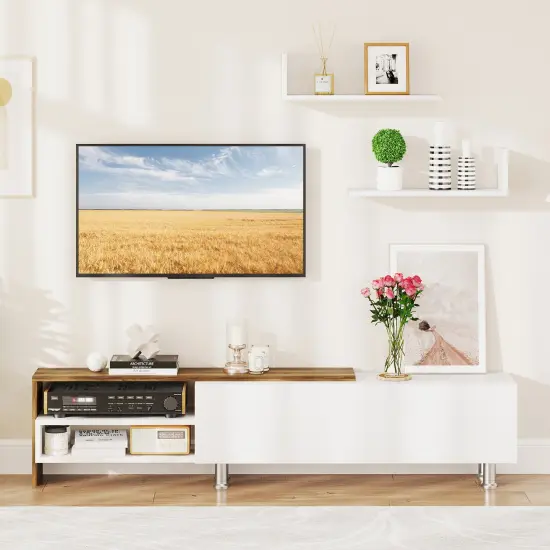 Modern Farmhouse TV Stand for 80&rdquo; TV with Wall-Mounted Shelves and Flip-Down Cabinet Storage {6}