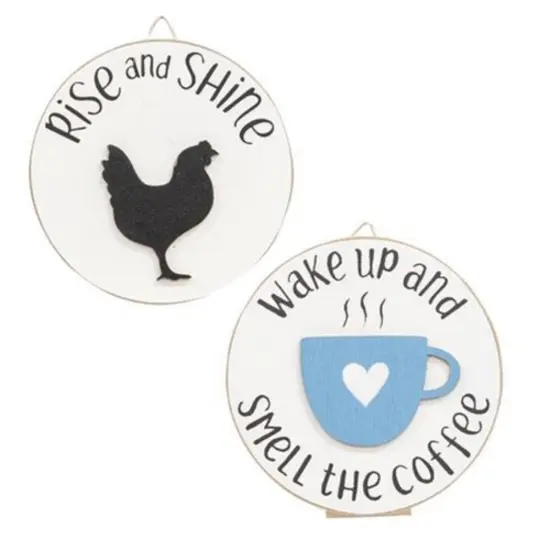 Wooden Round Signs with Easel Stand, Coffee and Rooster Cut-Out 2 Asstd. {1}