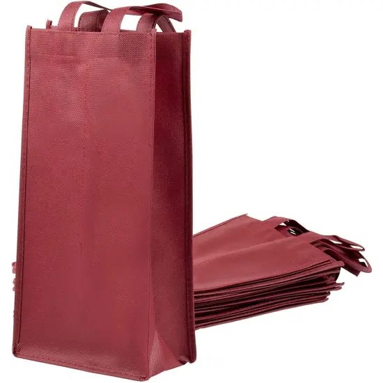 Wine Bag with Handles for Gifts, Dinner Parties, Burgundy Carrying Tote (10 Pack) Red {1}