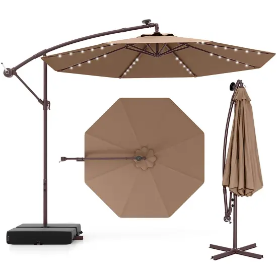Costway Patio 10FT Hanging Offset Umbrella 32 LED Lights Sand Bag Outdoor Cross Base Beige/Turquoise/Dark Gray/Wine/Coffee/Navy {8}