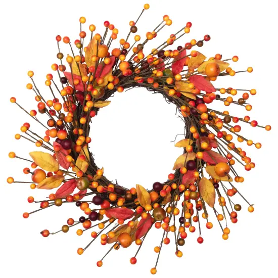 Northlight Berries and Apples with Foliage Twig Artificial Fall Harvest Wreath - 18" Orange {3}