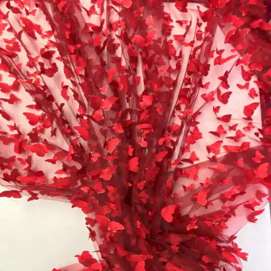 1 Yard Apple Red 3D Butterfly Mesh Fabric with Satin Appliqu&eacute; 54 Inch Wide {4}