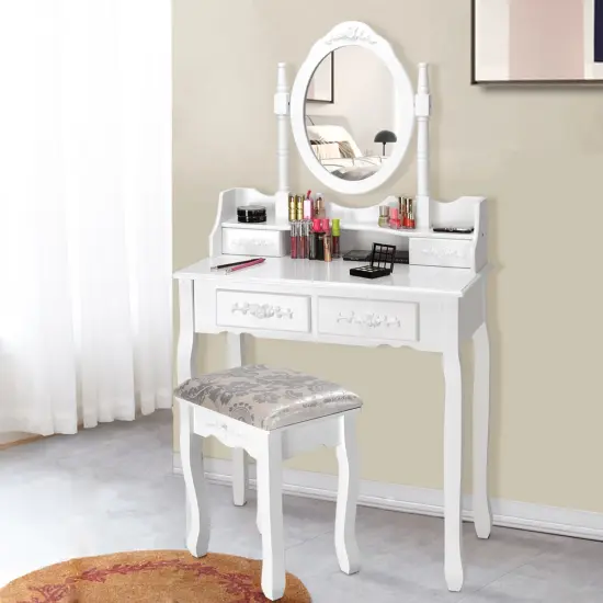 Costway Vanity Wood Makeup Dressing Table Stool Jewelry Desk 4 White {1}
