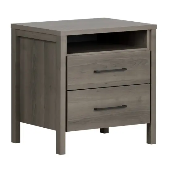 Modern Engineered Wood 2 Drawer Nightstand Bedside Table with Open Cubby and Storage Shelf Grey {1}