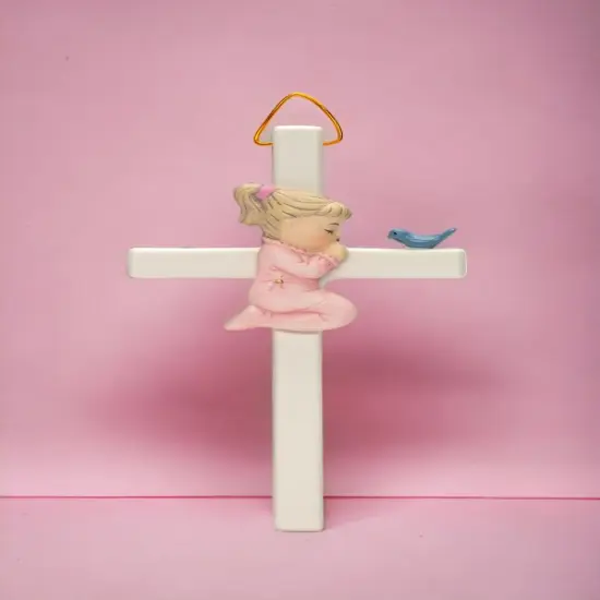 Ceramic Praying Girl With Bird Cross Wall Decor, Religious Décor, Religious Gift, Church Décor, Church Gift, Baptism Gift, Nursery Decor {2}