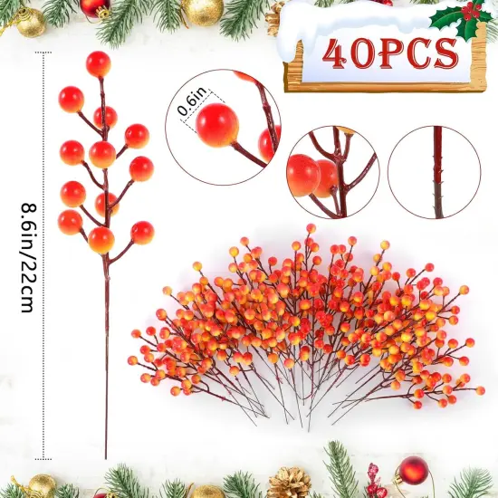 40 Pcs Fall Artificial Berry Stems Branches - Orange {2}