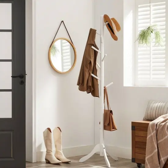68.9&rdquo; Tall Space Saving Solid Wood Coat Rack with 8 Hooks and Triangular Base for Home or Office White {1}