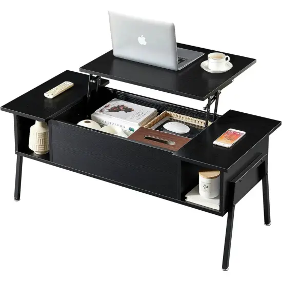 Modern Wood Coffee Table with Lift-Top Adjustable Desk and Storage Shelf for Living Room Black {1}