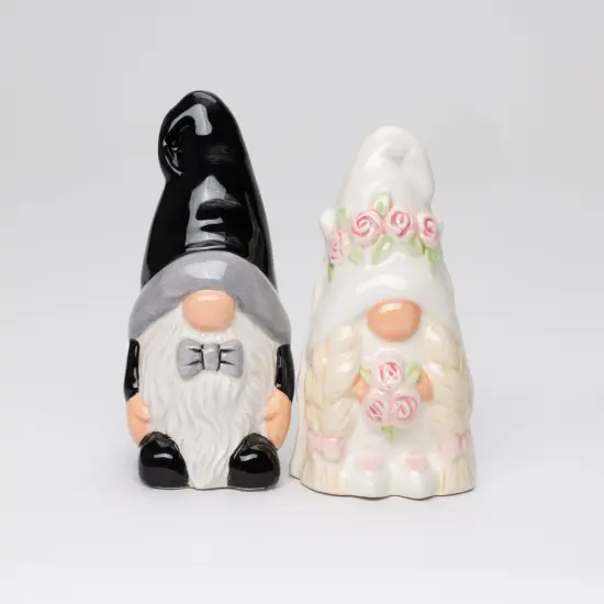 Ceramic Gnome Bride and Groom Salt and Pepper Shakers, Wedding Decor, Wedding Gift, Fairy Garden Decor, Gnome Collector Gift {3}