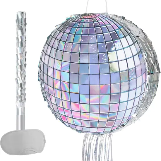 Disco Ball Pi&ntilde;ata - Disco Party Decoration for Adult Birthday Party Supplies Hanging Disco Pi&ntilde;ata with Bat Blindfold Mirror Roller Skating Pull String, 12.2&rdquo; x 12.2&rdquo; {1}