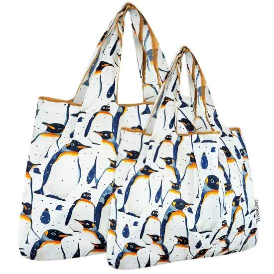 Wrapables Large & Small Foldable Tote Nylon Reusable Grocery Bags, Set of 2, King Penguin {1}