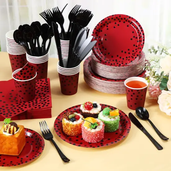 560 Pcs Red and Black Party Supplies for 80 Guests Disposable Tableware Set Red and Black Paper Plates Napkins Cups Black Plastic Forks Knives Spoons for Graduation Birthday Ladybug Party {3}