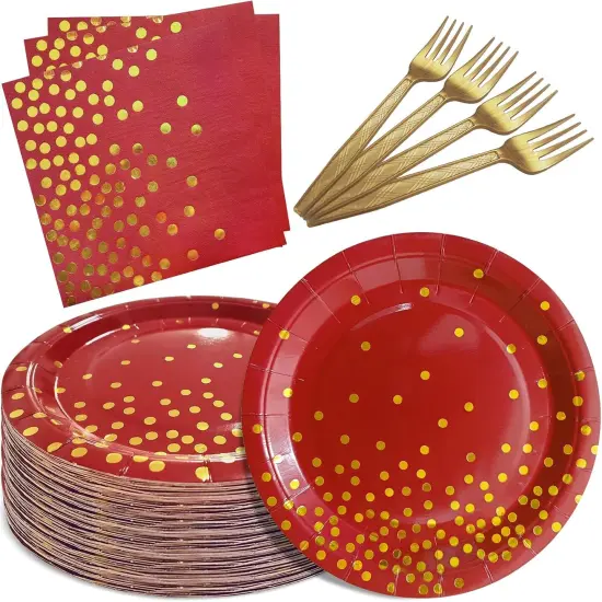 Red and Gold Party Supplies,Serves 35 Guests 7" Red Paper Plates Napkins,Birthday Plates and Napkins for Wedding Graduation {1}