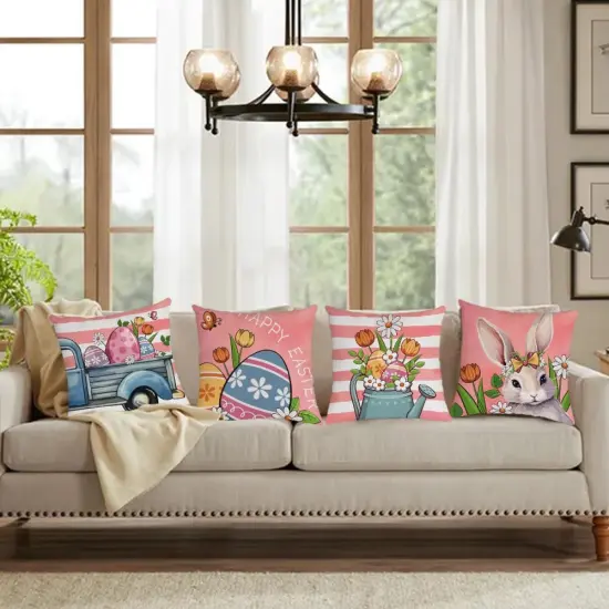 Easter Throw Pillow Covers 18x18 Set of 4 Soft Velvet Spring Easter Pillow Covers Pink Easter Bunny Egg Flower Truck Cushion Covers Pillow Cases for Home Outdoor Sofa Couch Decoration {5}