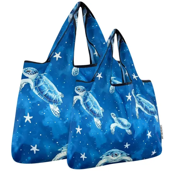 Wrapables Large & Small Foldable Tote Nylon Reusable Grocery Bags, Set of 2, Astro Turtles {1}