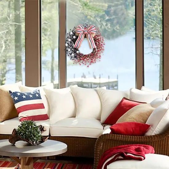 18 Inch Patriotic Red White Blue Berries Wreath for Front Door, 4 of July Memorial Day Independence Day Burlap Bow Wreath for Home Decor, American Flag Day Wreath for Indoor and Outdoor Use {5}