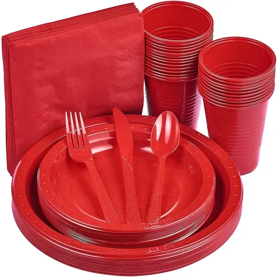 175 PCS Red Plastic Dinnerware Set Includes 50 Plates, 25 Cups, 25 Napkins, 25 Cutlery Spoons Forks & Knives, Disposable Dinnerware Set, Red Party Supplies Set {1}