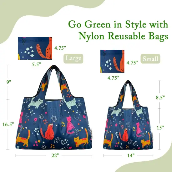 Wrapables Large & Small Foldable Tote Nylon Reusable Grocery Bags, Set of 2, Cute Kitties on Blue {2}
