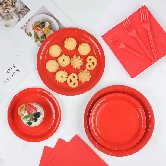 100 Count Red Paper Plates and Napkins Red Party Tableware Set Red Disposable Plates Napkins and Forks for Wedding Birthday Party Bridal Shower Baby Shower, Serve 25 {3}