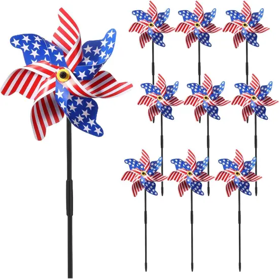 12 Pcs 22" H 4th of July Pinwheels Patriotic American Flag Pinwheels Red Blue White Stars Stripes Wind Spinner {1}