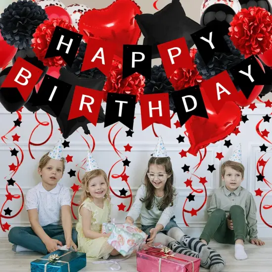 Birthday Decorations - Black & Red Party Decorations with Happy Birthday Banner, Pompoms, Balloons for Boys, Girls, Men & Women {3}