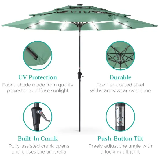 Best Choice Products 10ft 3-Tier Solar Patio Umbrella w/ 24 LED Lights, Tilt Adjustment, Easy Crank Seaglass {5}