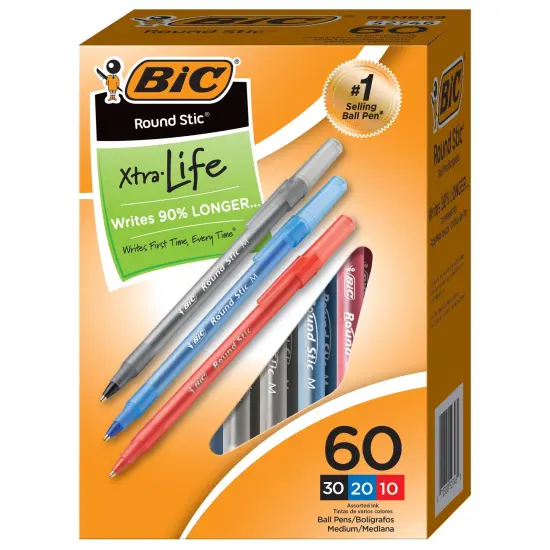 Round Stic&reg; Xtra Life Ballpoint Pen, Medium Point (1.0mm), Assorted, Box of 60 {1}