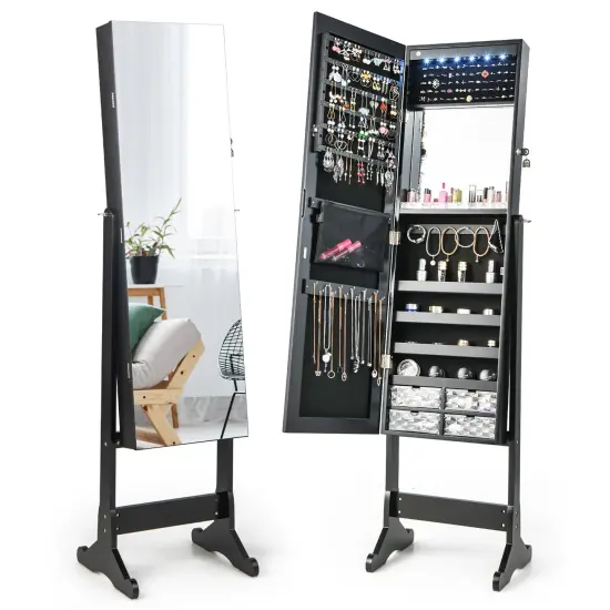 Costway Jewelry Cabinet Armoire Full Length Frameless Mirror Lockable with Lights White/Black/Rustic Brwon {1}