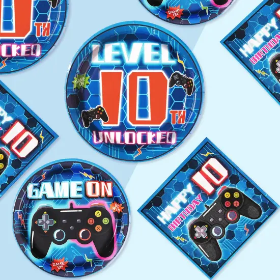 96 Pcs 10th Birthday Video Game Party Supplies 350 GSM Video Game Birthday Decorations Disposable Paper Plates and Napkins Tableware Set for Kids Boys 10th Birthday Gamer Gaming Party Serves 24 {4}