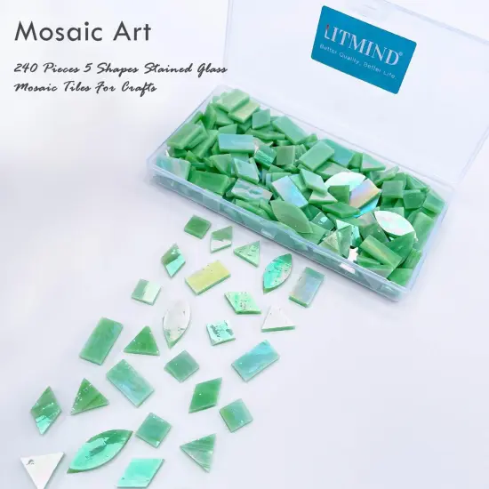 LITMIND Iridescent LightGreen Stained Glass Mosaic Tiles for Crafts - 240 Pieces, 5 Shapes Mixed (Rectangle, Triangle, Rhombus, Square, Leaf) - Ideal for Mosaic Making Projects and Beginners {6}