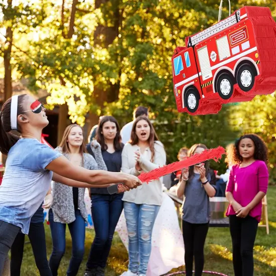 Fire Truck Pi&ntilde;ata with Hanging Loop Blindfold Bat and Confetti Filler for Kids Boys Firefighter Firetruck Theme Birthday Party Decorations Supplies {5}