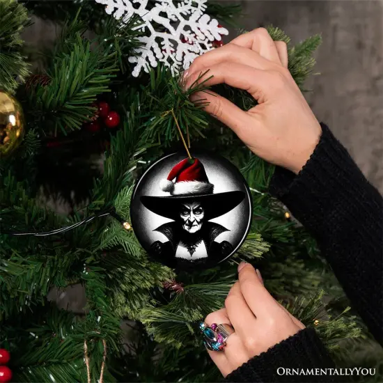 Spooky Witch with Santa Hat Ceramic Ornament, Halloween Themed Christmas Gift and Decor Circle {6}