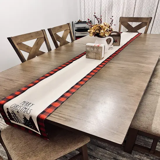 Buffalo Plaid Table Runner Christmas Trees Merry Xmas Table Runner Winter Holiday Kitchen Dining Table Decoration, Black and Red {3}