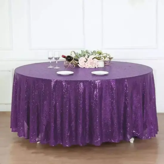 PURPLE Sequined 120" ROUND TABLECLOTH Designer Wedding Party Catering Linens {2}