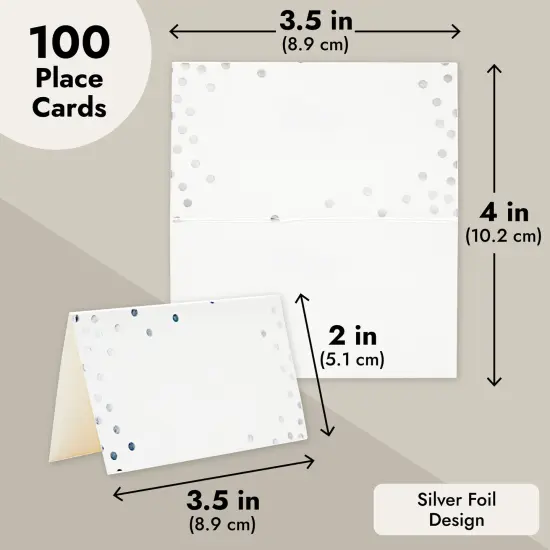 100 Pack Wedding Place Cards for Table Setting, Blank Table Name Card, Silver Foil Polka Dot Place Cards for Birthday, Banquet, Events, Reserved Seating {5}