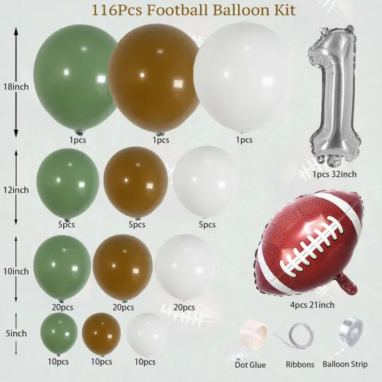 116PCS Balloon Arch Garland Kit, Green, Brown and White Balloons with Football Balloons for 1st Down Birthday, Baby Shower, and Sports Theme Party Decorations {2}