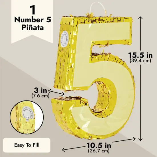 Juvale Gold Foil Number 5 Pinata for Kids Ages 3-14 Birthday Party Decorations, Centerpieces, Anniversary Celebrations, Small (15.5 x 10.5 x 3 In) {3}