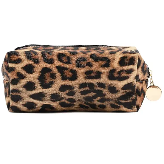 Small Leopard Print Faux Leather Makeup Bag (8 x 3 x 5 In, 2-Pack) Brown {7}
